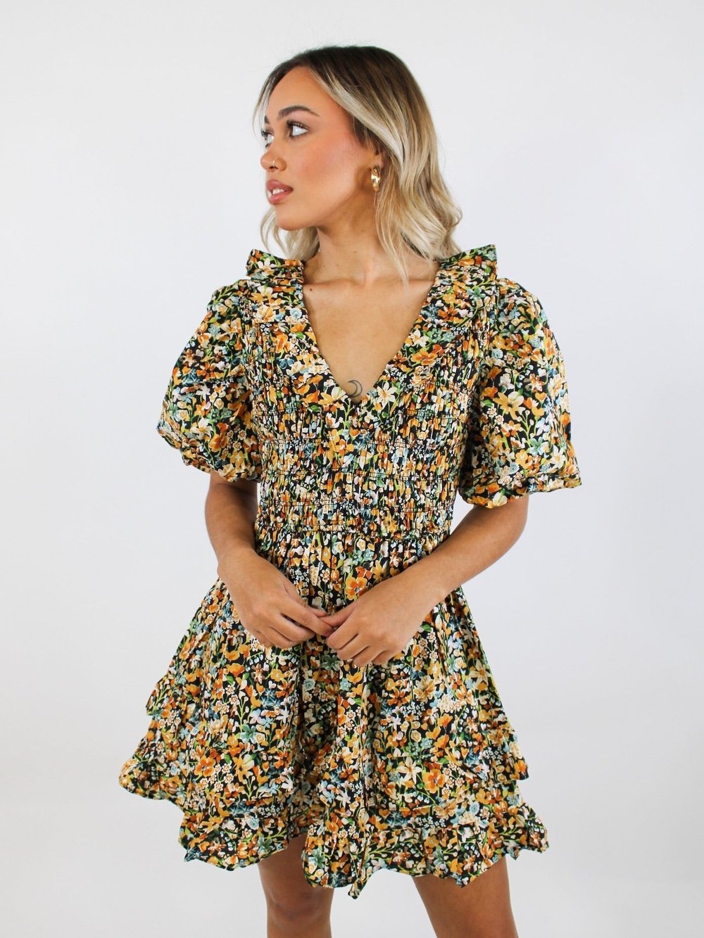 English Factory Floral Smocked Ruffle Mini Dress